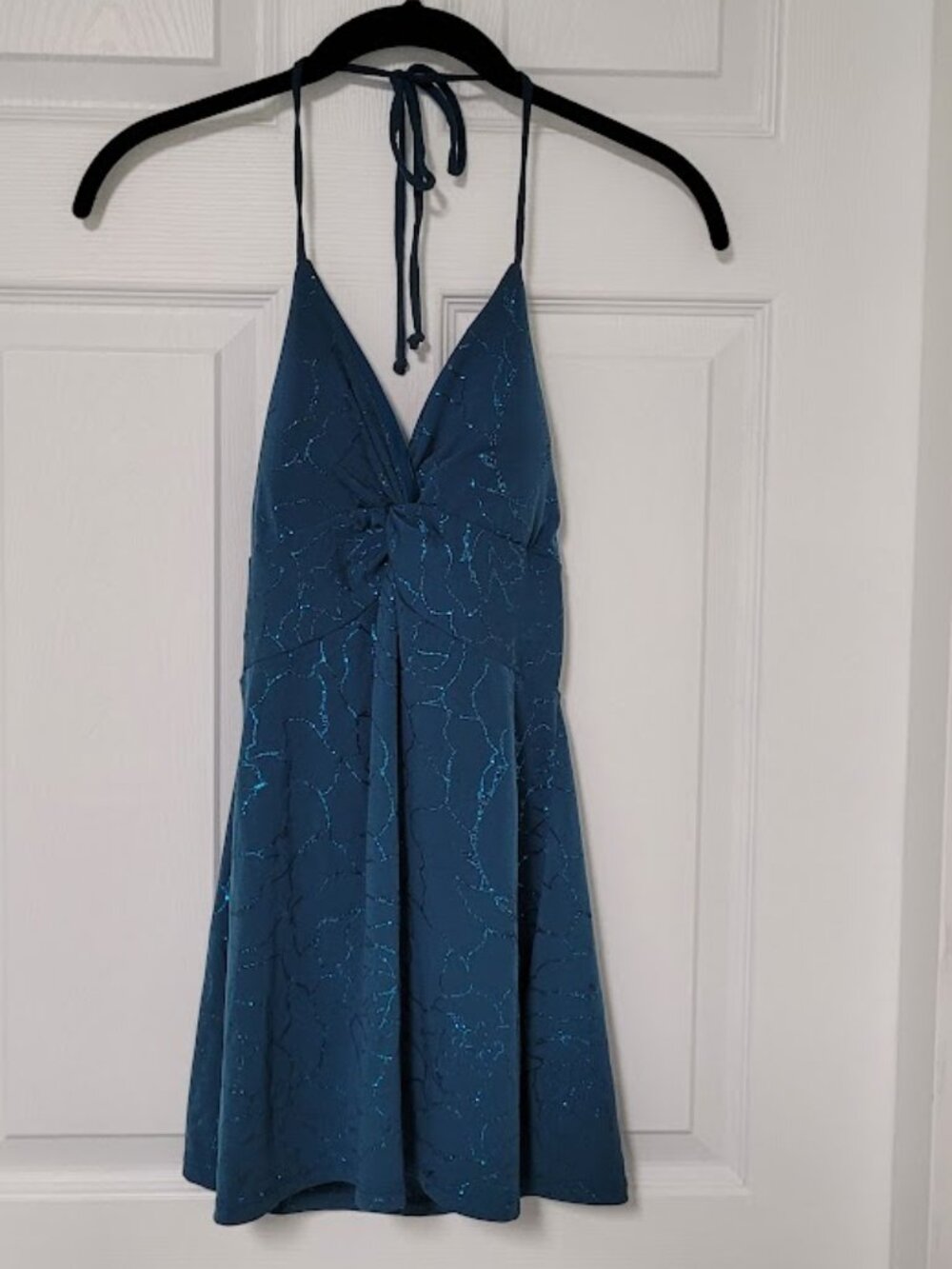 Mariposa Teal Glitter Floral Halter Tie Top Fits Size XS/Small Stretchy Y2K Boho